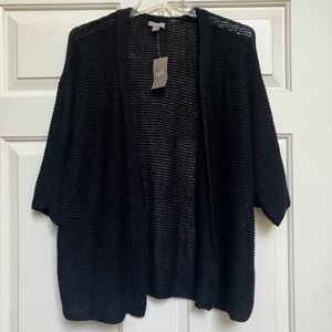 J Jill Black Open Front Knit Cardigan Sweater Short Sleeve Medium Black New Flaw